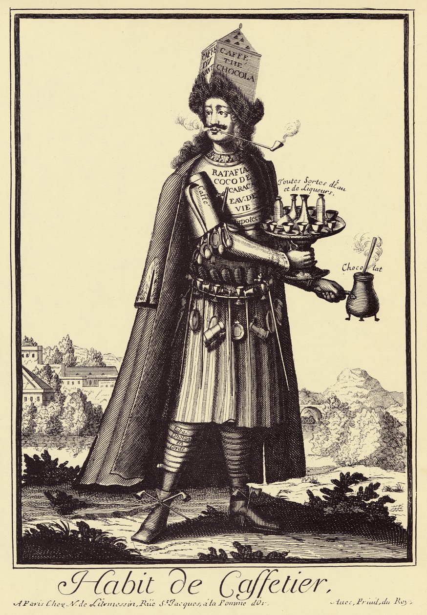 Caffettier: "Habit de Caffettier " (Koffiezetter of koffiehandelaar, chocolade, thee, likeuren) Satirische tekening uit 