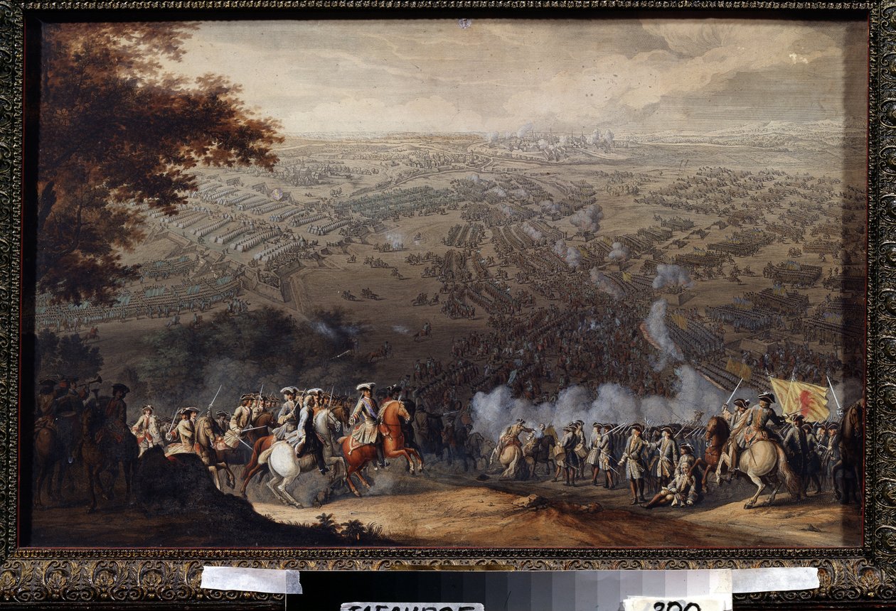 De Slag bij Poltava op 27 juni 1709. In deze slag stond het Zweedse leger van Carl XII van Zweden tegenover dat van de Russische tsaar Peter de Grote tijdens de Grote Noordse Oorlog (1700 tot 1721). Schilderij door Nico door Nicolas de Larmessin