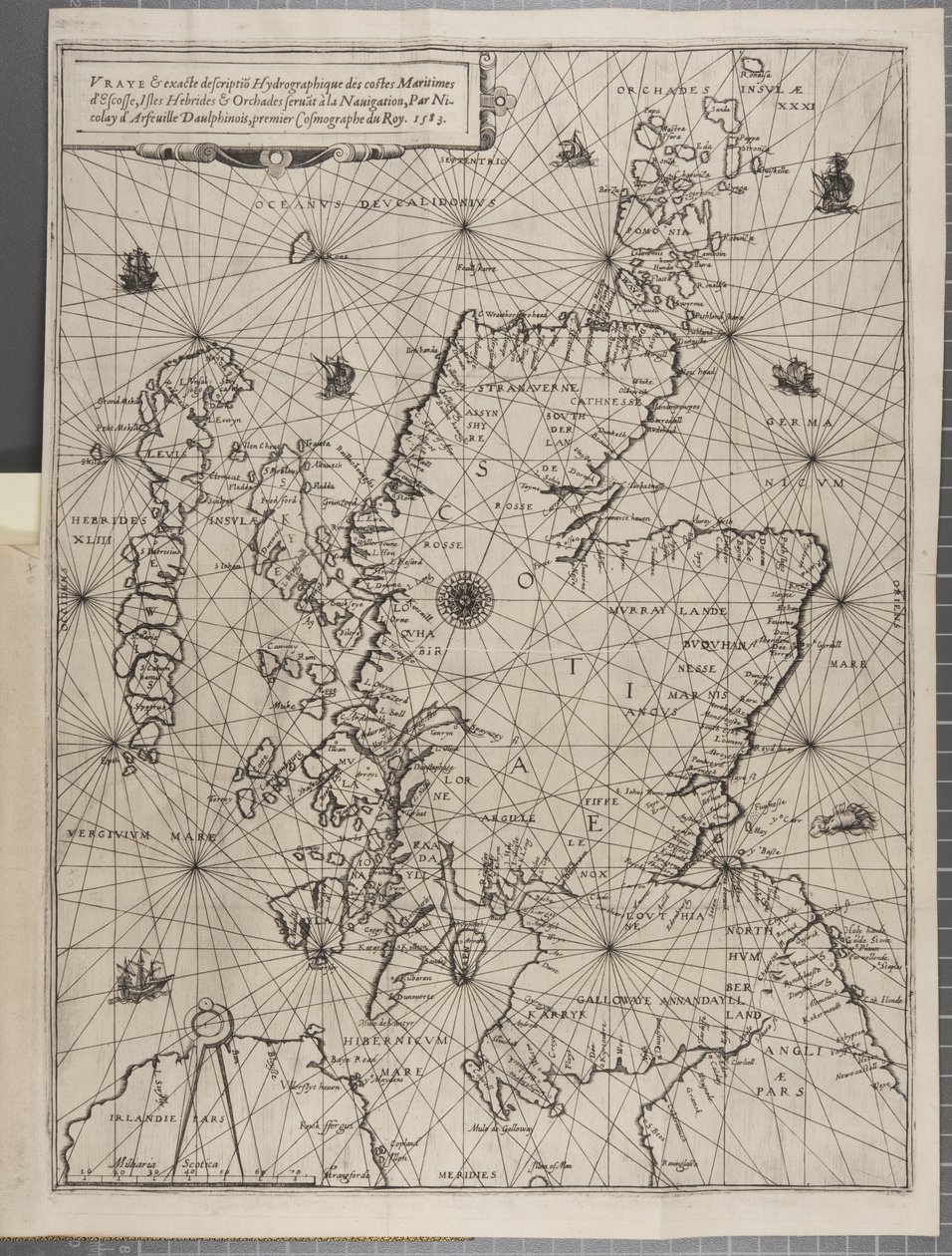 Kaart, uit De Navigatie van Koning James V, Rond Schotland, de Orkney-eilanden en de Hebriden of Westelijke Eilanden: Onder leiding van die uitstekende piloot Alexander Lindsay door Nicolas de Nicolay