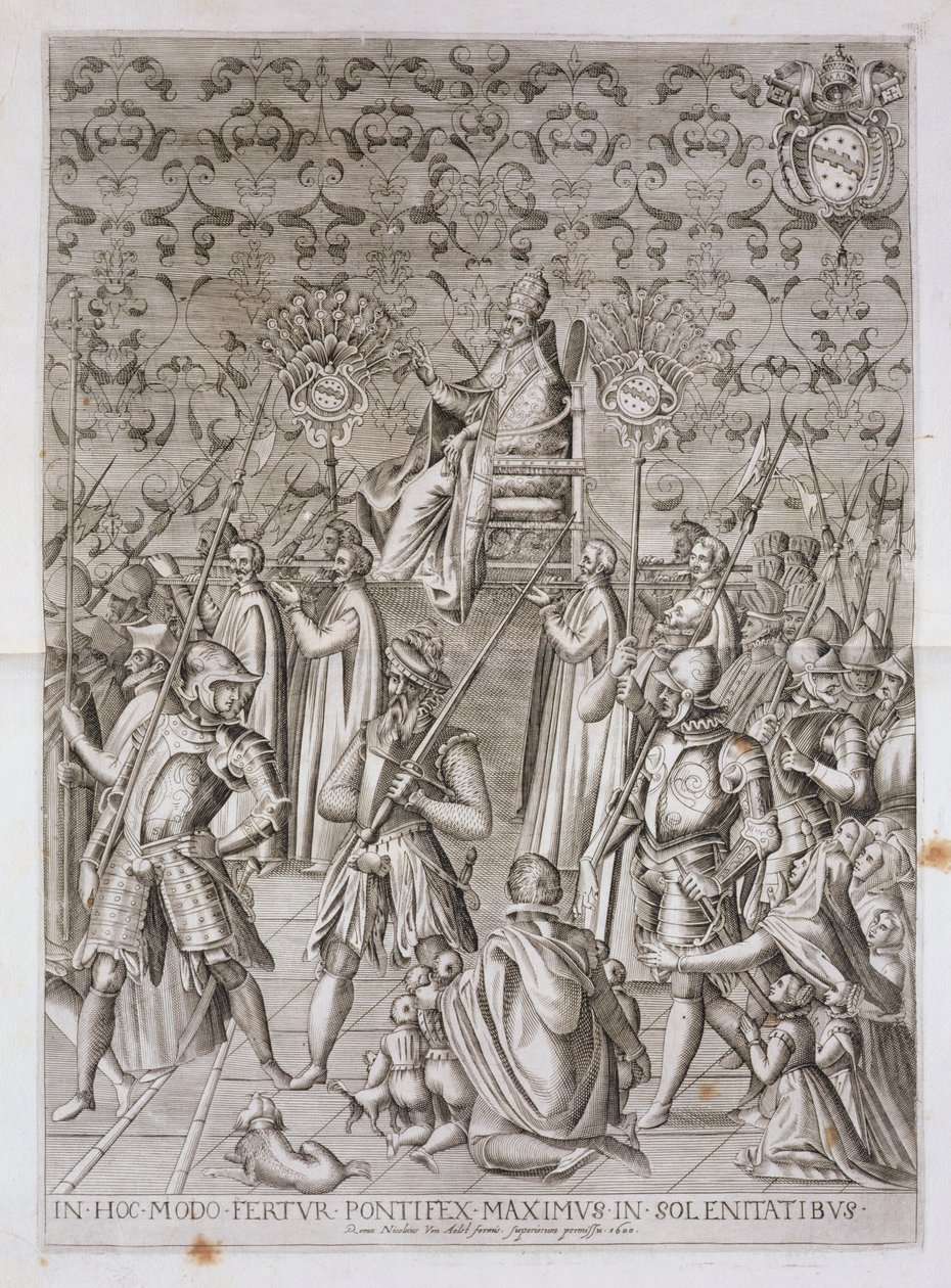 Paus Sixtus V (1521-90) wordt naar de ceremonie voor de inwijding van de obelisk voor de basiliek van San Giovanni Laterano, Rome in 1588 gedragen door Nicolaus van Aelst