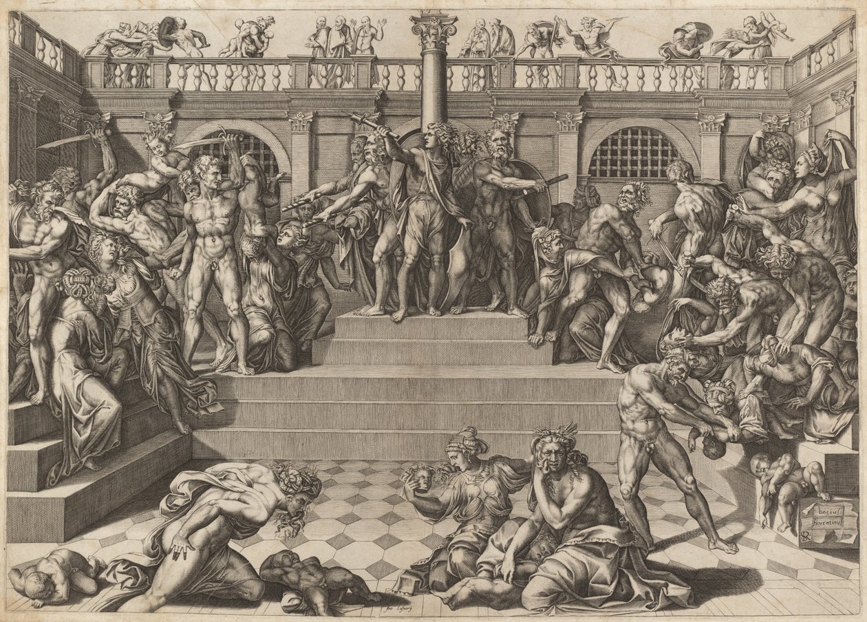 De Slachting van de Onschuldigen door Nicolaus Beatrizet, after Marco Dente, after Baccio Bandinelli