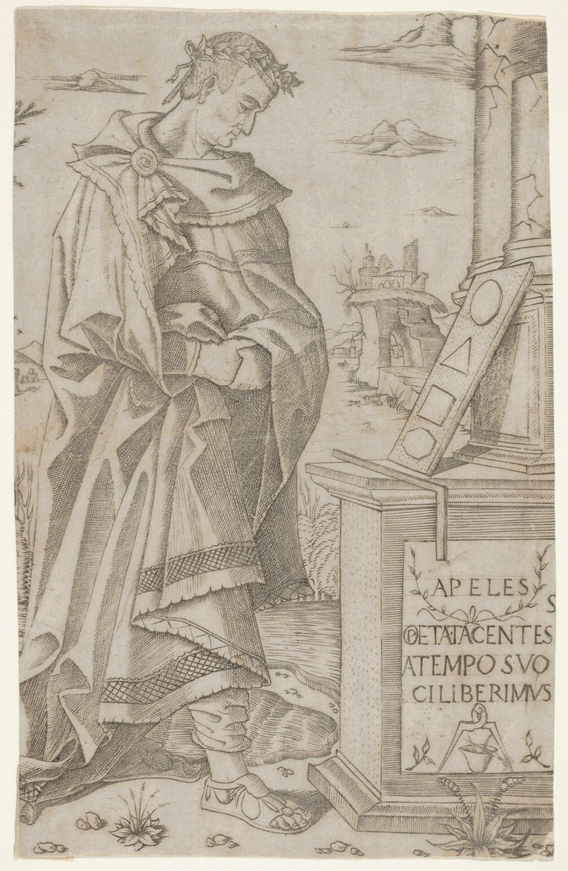 Apelles staand profiel kijkt naar een tablet met geometrische figuren door Nicoletto da Modena