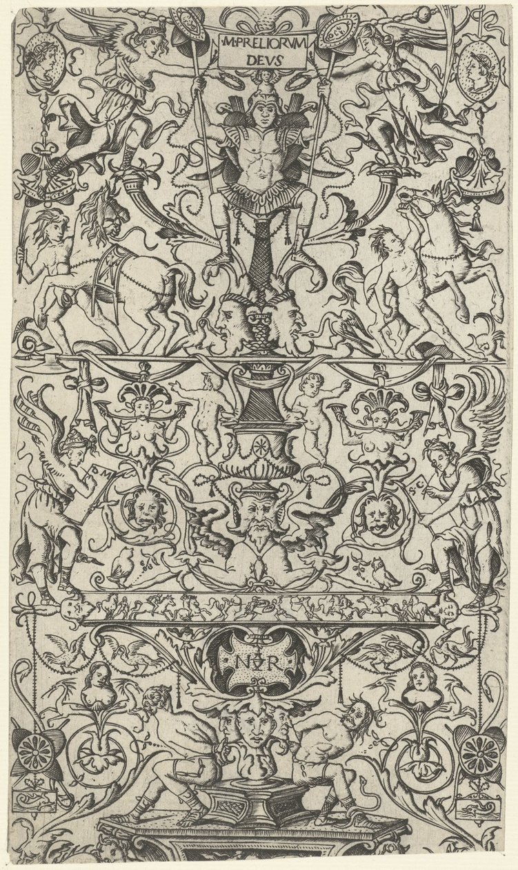 Fragment van ornament paneel met Mars door Nicoletto da Modena