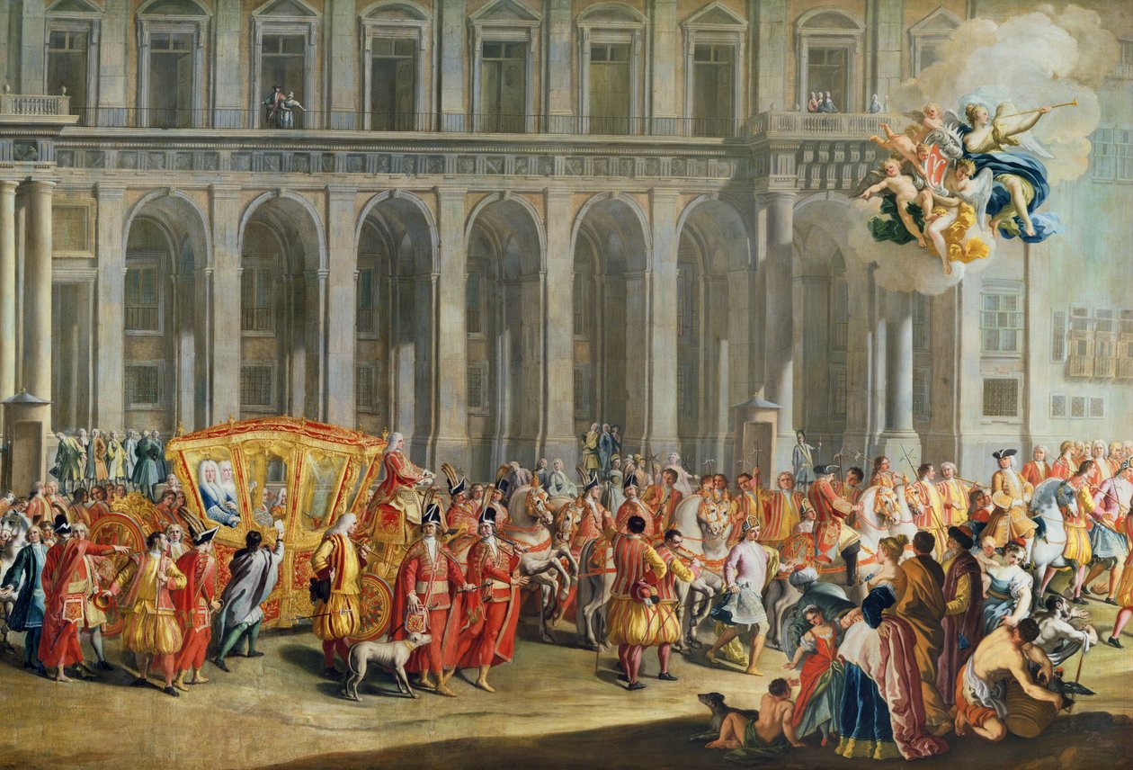 Het vertrek van Alois Thomas von Harrach, onderkoning van Napels (1669-1742) uit het Palazzo Reale di Capodimonte (detail) door Nicolo Maria Russo or Rossi