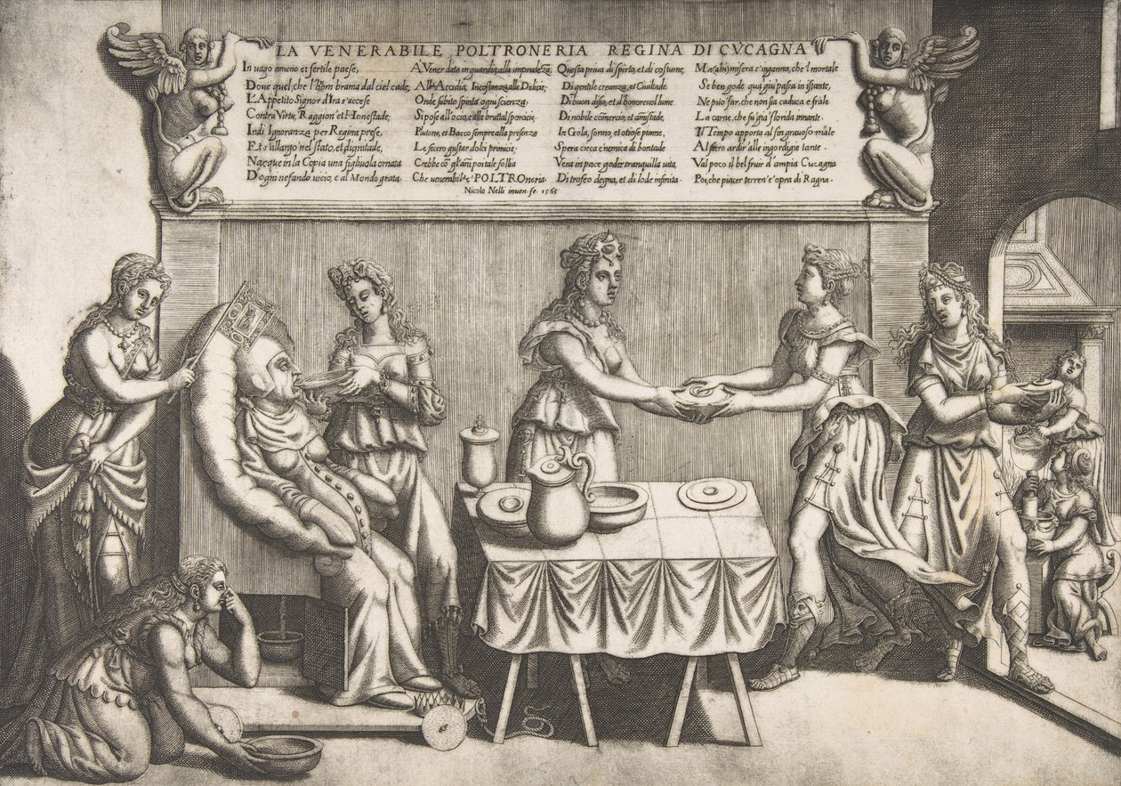 Eerbiedwaardige Luiheid, Koningin van Luilekkerland, een dikke vrouw zittend op een verplaatsbare toiletstoel door Nicolo Nelli