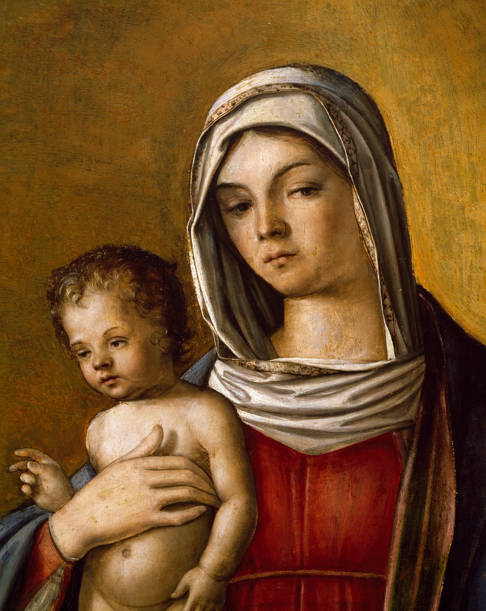 Madonna en Kind, Centraal Paneel van Drieluik met Madonna en Kind, Sint Albert en Sint Sebastiaan door Nicolo Rondinelli