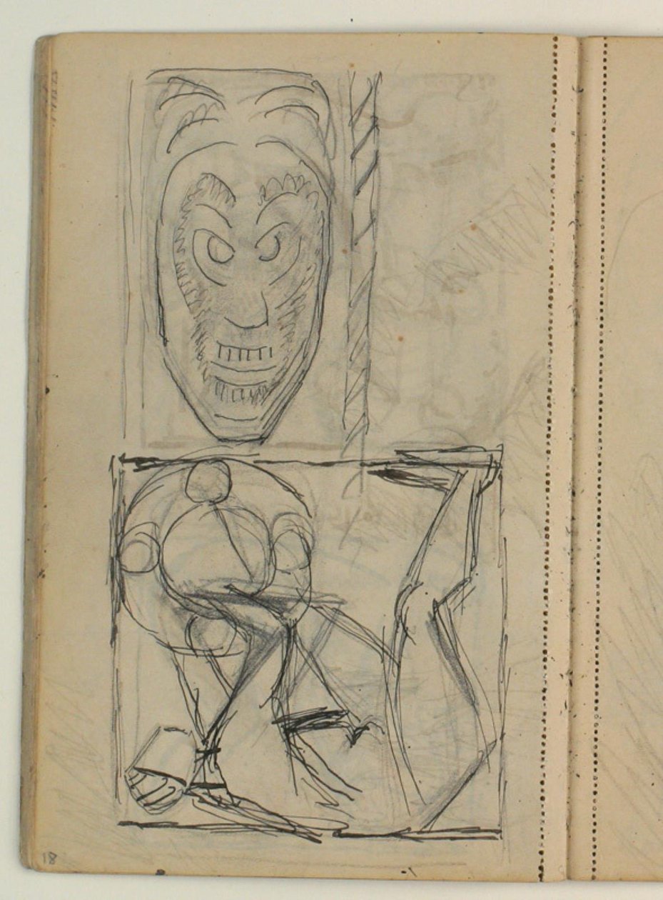 Schets van masker, vermoedelijk naar voorbeeld. Ontwerp voor het grafmonument van Poul S. Christiansen door Niels Larsen Stevns