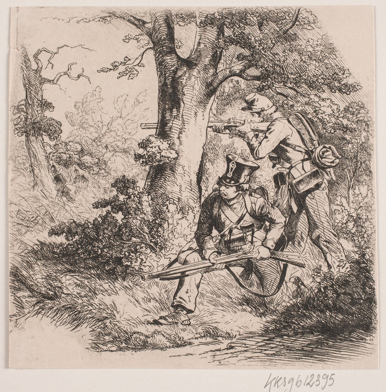 Soldaten in een bos. Voorpostgevecht bij Vejle door Niels Simonsen