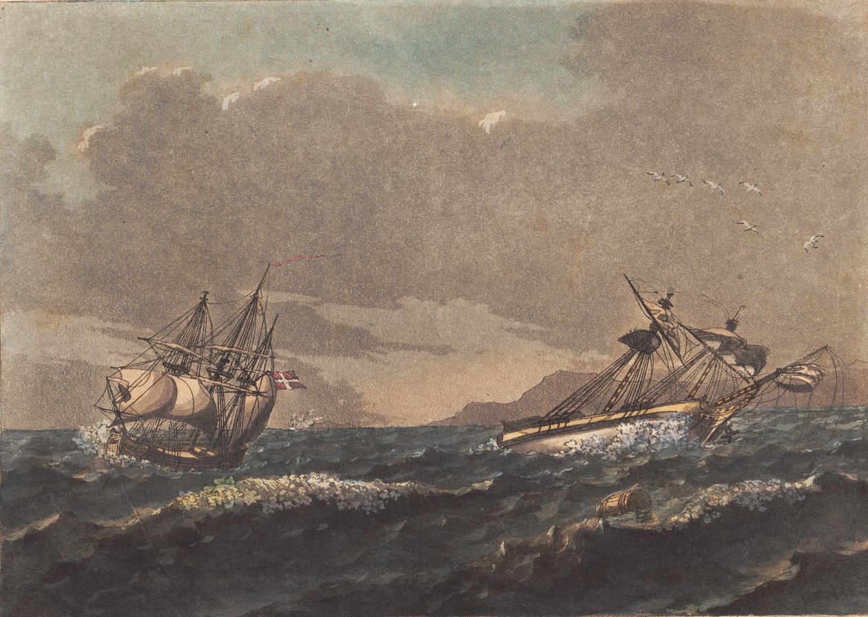 Een schip dat landt, en een brik die voor anker drijft, vergaat op een blinde rots door Niels Truslew