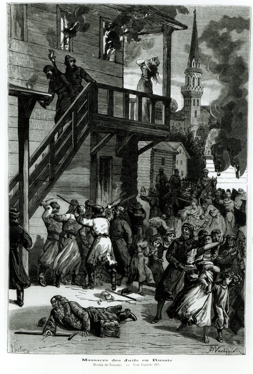 Slachting van de Joden in Rusland, gegraveerd door Gustave Voulquin uit Le Journal Illustre, juni 1881 door Nielsen