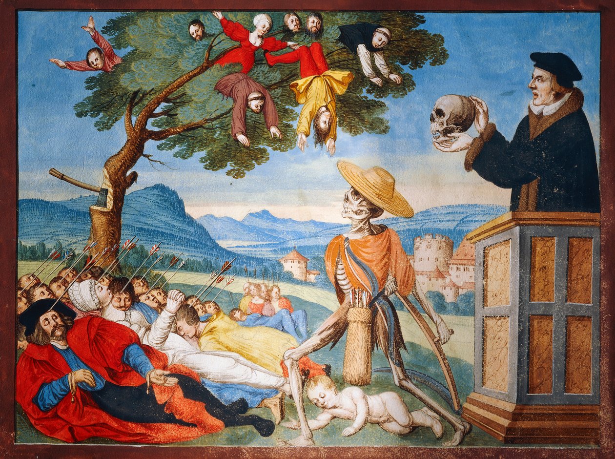 De dood gaat in actie met zijn zeis en mannen vallen als dode bladeren, preek van Memento Mori uit de Dodendanscyclus van Albrecht Kauw door Niklaus Manuel