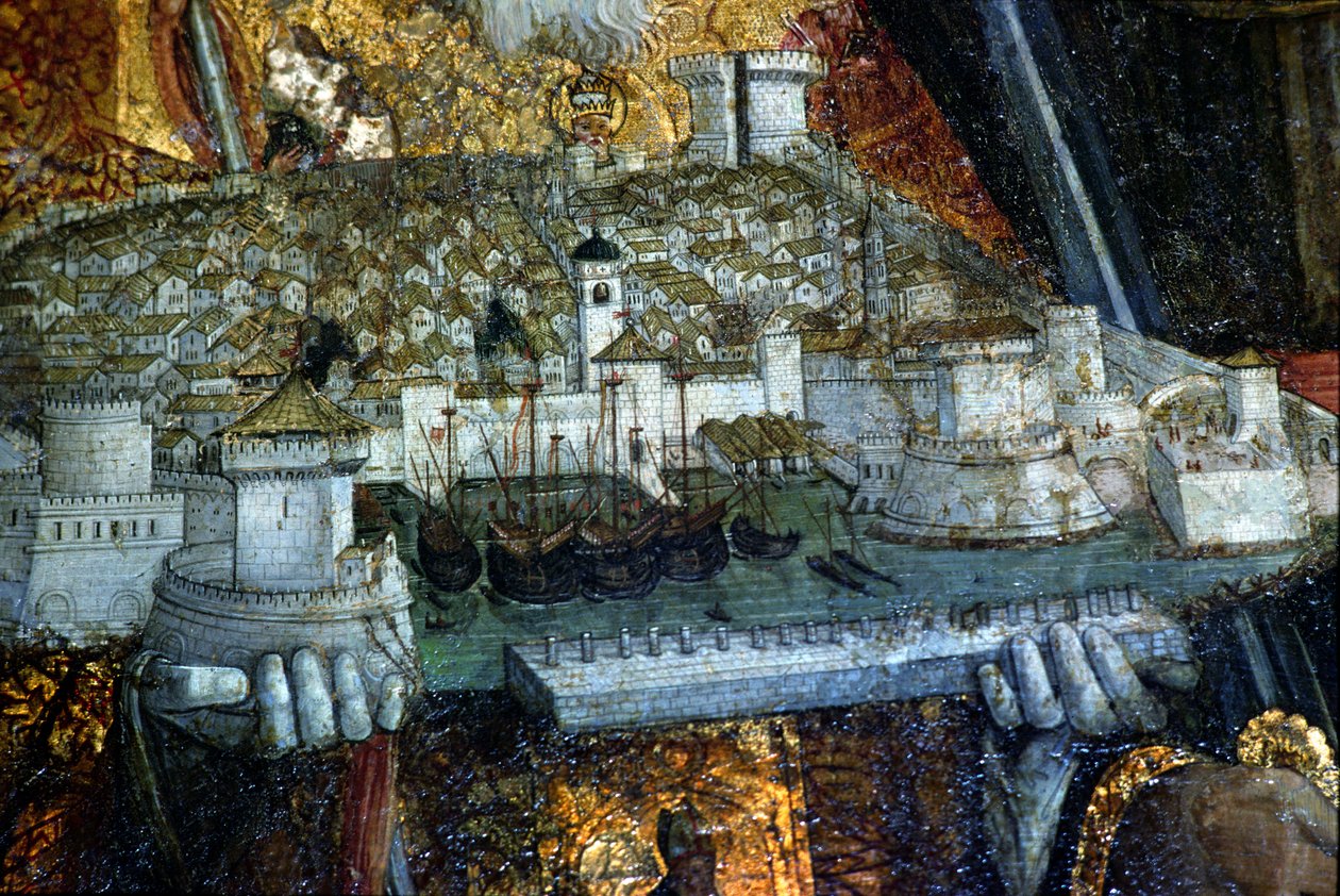 De ommuurde stad gedragen door St. Blaise (detail) door Nikola Bozidarovic