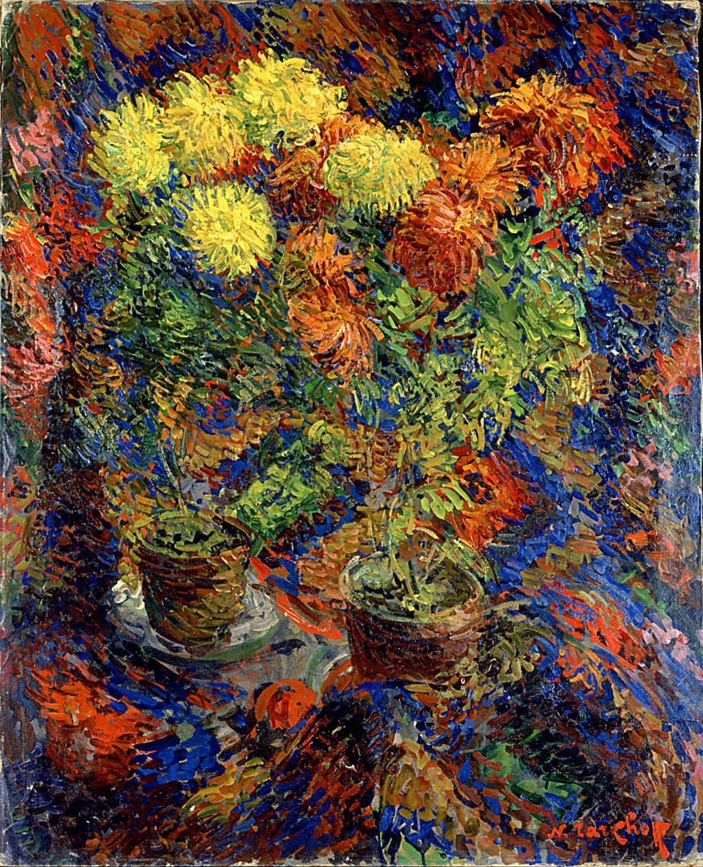 Chrysanten op een oosters tapijt door Nikolai Alexandrovich Tarkhov