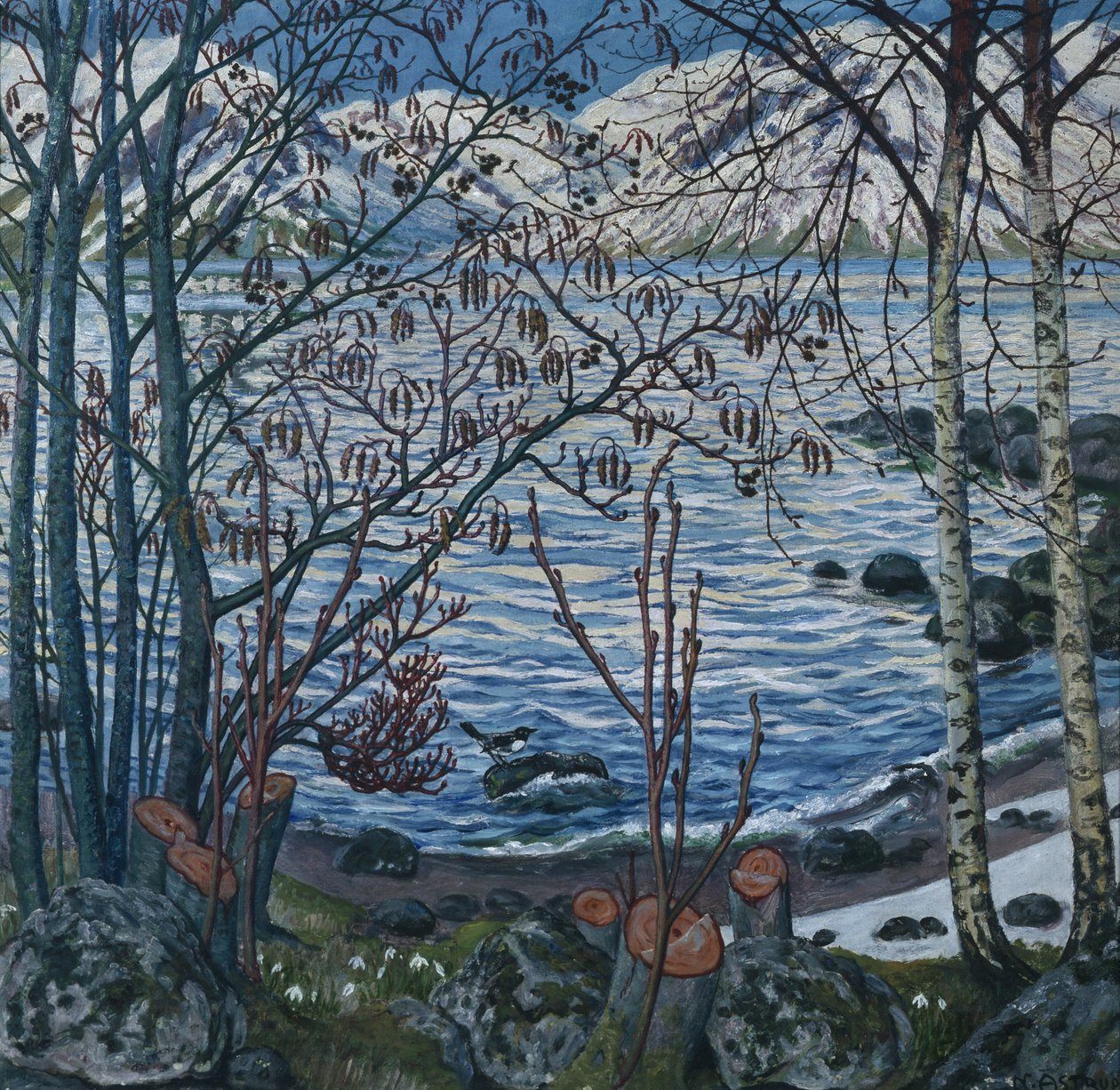 Vogel op rots (schilderij) door Nikolai Astrup