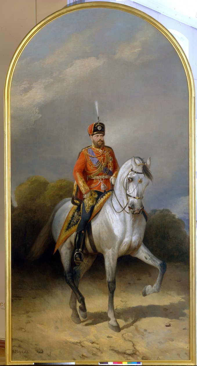 Portret van keizer Alexander III in het uniform van het Leib Garde Huzarenregiment door Nikolai Egorevich Sverchkov