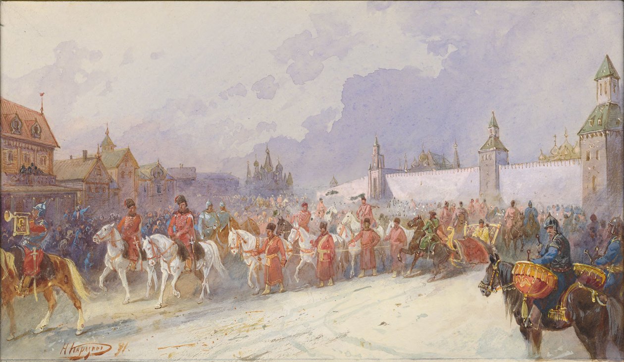 Ingang van de gevangen familie van Kuchum Khan in Moskou. 1599, 1891 door Nikolai Nikolayevich Karasin