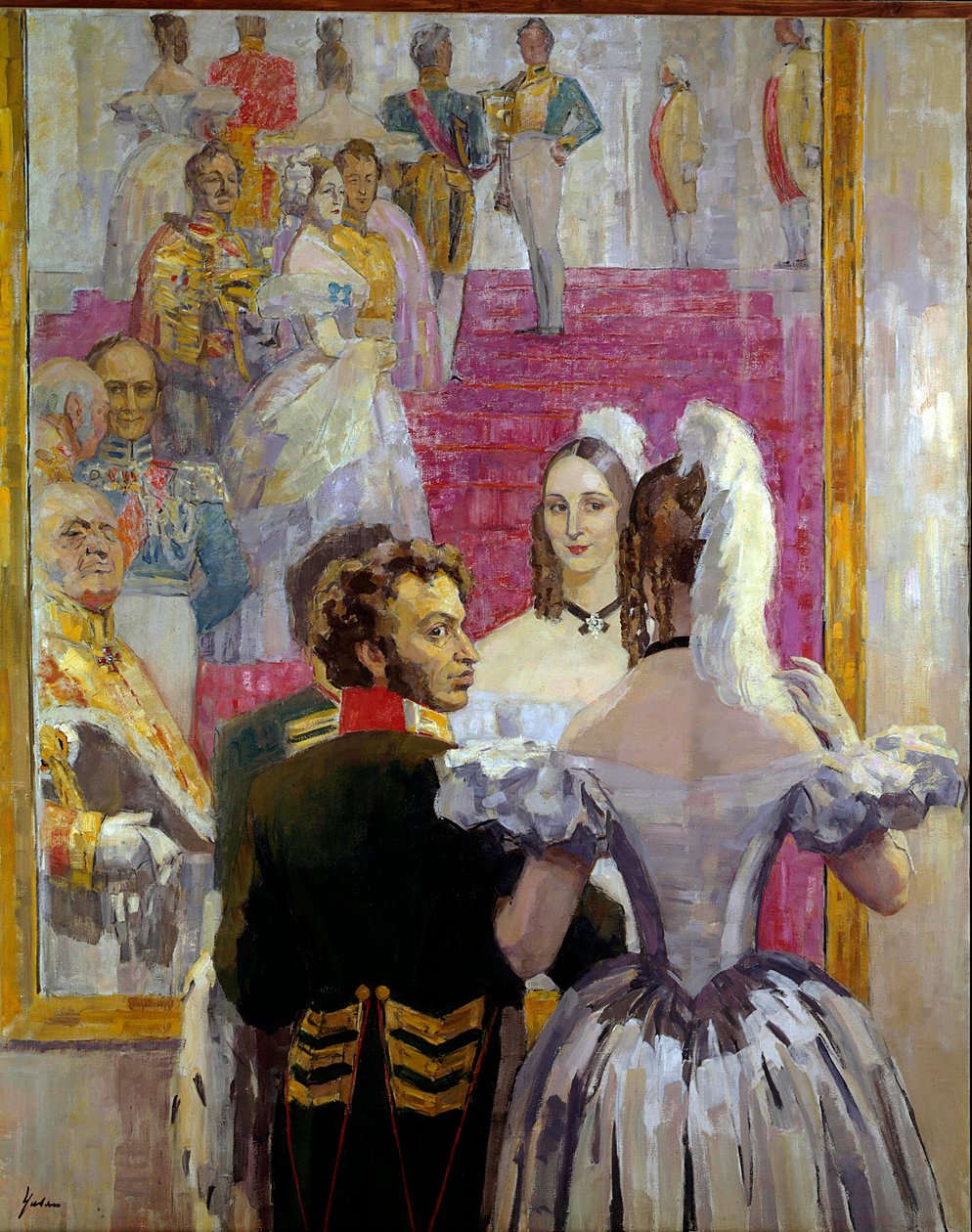 Russische dichter Alexander Pushkin (1799-1837) en zijn vrouw Natalia Gontcharova op het bal in het Anichkof Paleis door Nikolai Pavlovich Ulyanov