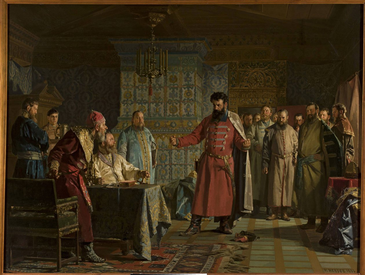 De ruzie van Zakhary Lyapunov met tsaar Vasili Shuisky in het Kremlin door Nikolai Vasilievich Nevrev