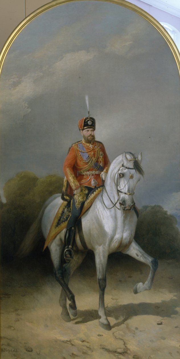 Portret van keizer Alexander III 1845-1894 in het uniform van het Hussar-regiment van de Leib Guard, 1881 door Nikolai Yegorovich Sverchkov