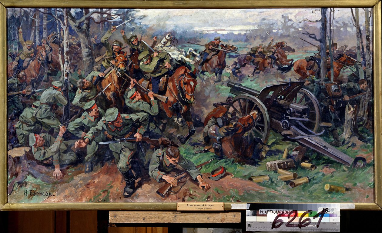 De Russische cavalerie valt de Duitse artillerie aan in 1915 door Nikolay Yakovlevich Borisov