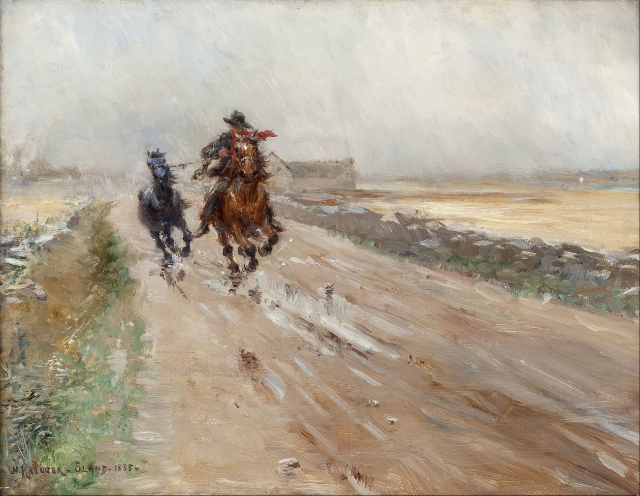 Landschap van Öland, zigeuners op een paard door Nils Kreuger