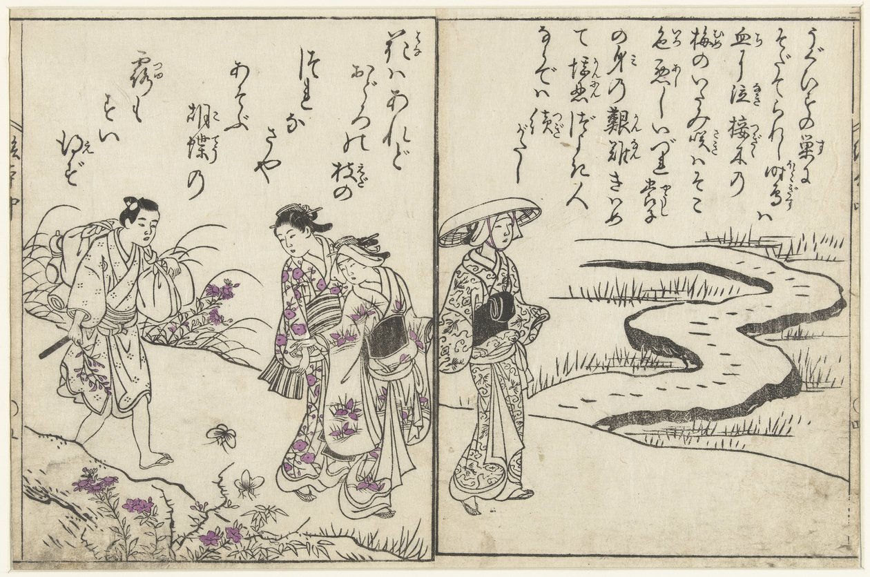 Wandelaars in een landschap met bloemen door Nishikawa Sukenobu (attributed to)