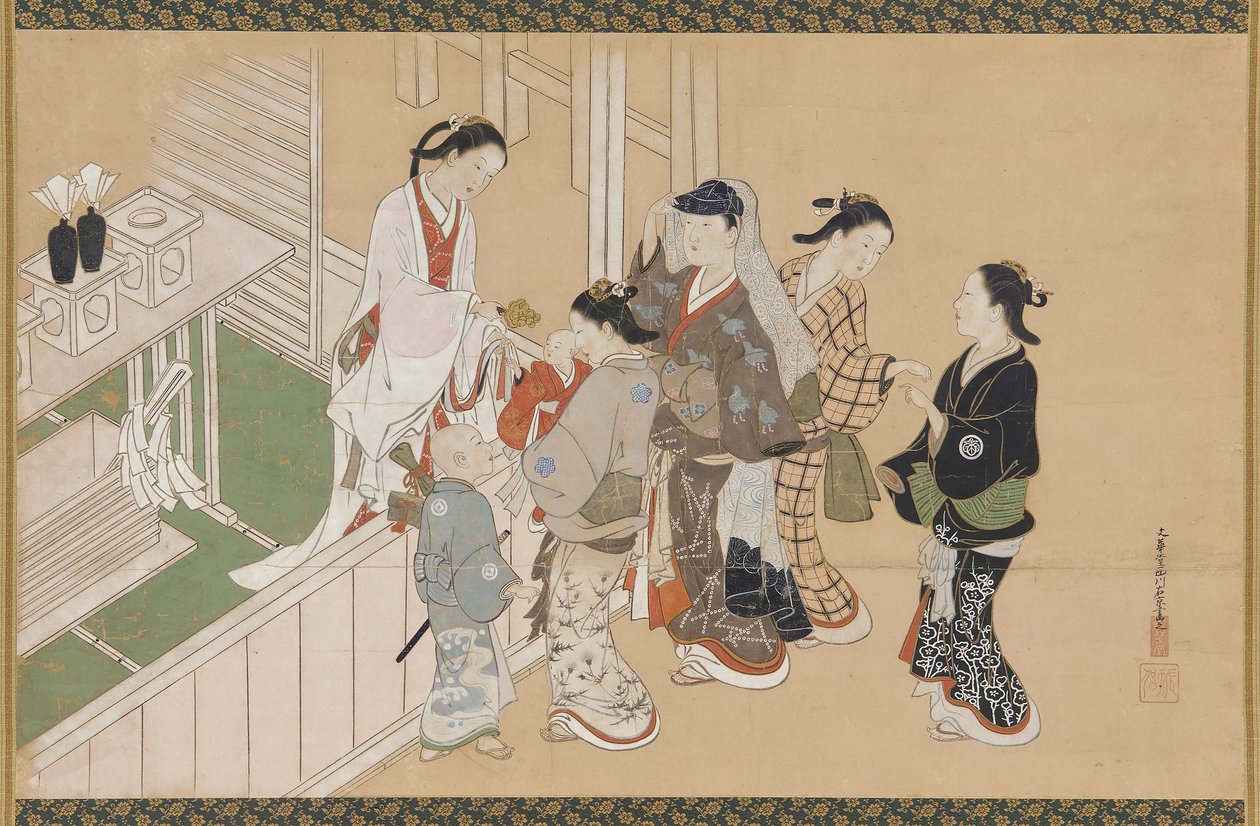 Eerste bezoek van een baby aan een Shinto-schrijn, Edo-periode, eind 17e-begin 18e eeuw door Nishikawa Sukenobu