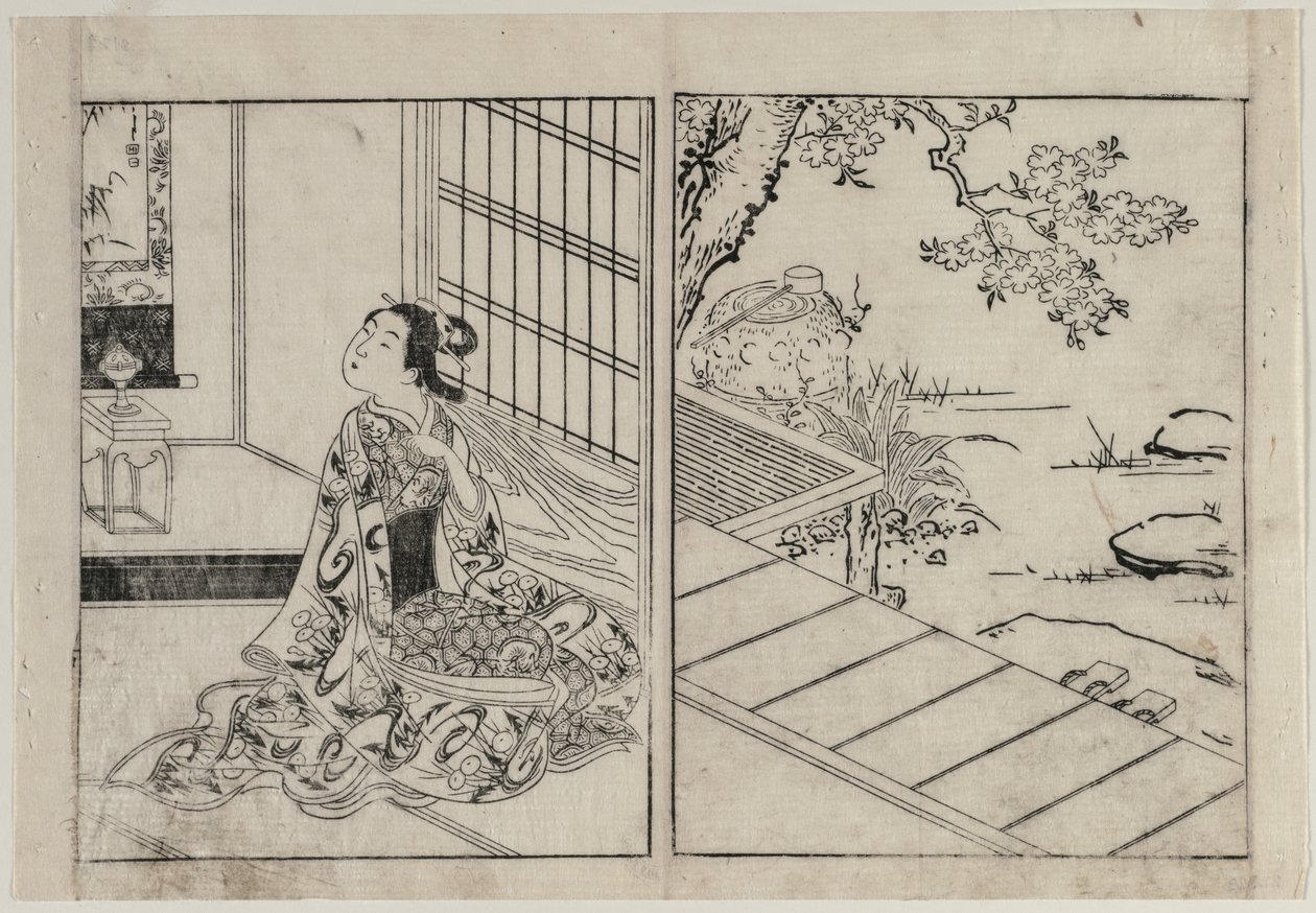 Vrouw die naar een Hangende Rol Kijkt door Nishikawa Sukenobu
