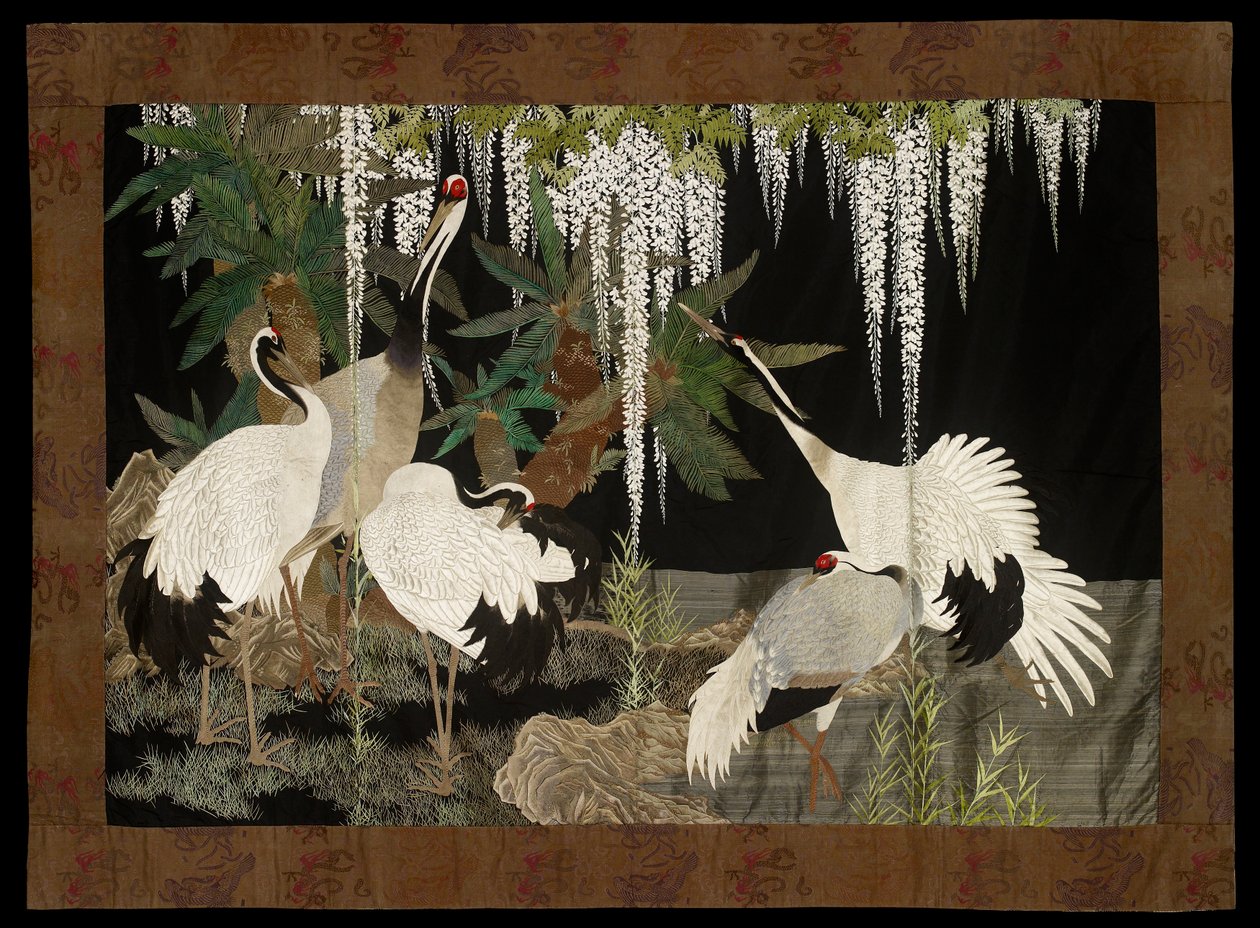 Kraanvogels, cycaden en wisteria, c1905 door Nishimura Sozaemon