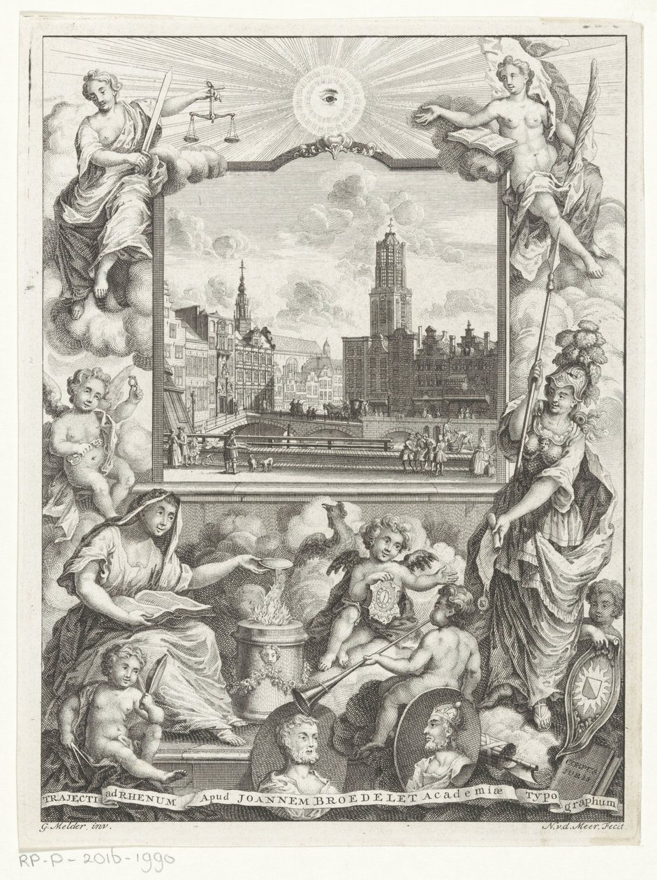 Stadsgezicht met Domkerk te Utrecht en allegorie met Utrechtse stedenmaagd door Noach van der Meer (I)