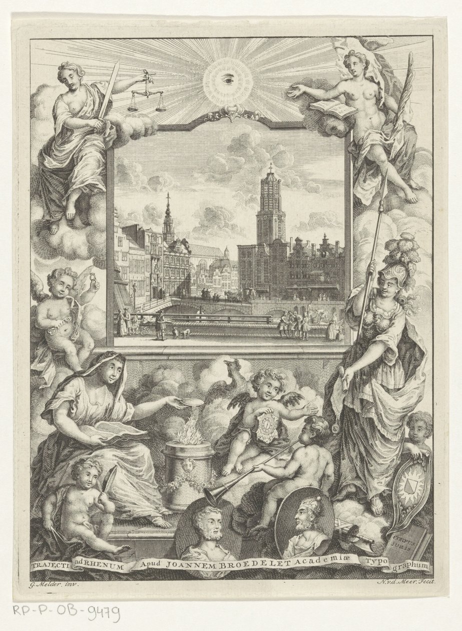 Stadsgezicht met Domkerk te Utrecht en allegorie met Utrechtse stedenmaagd door Noach van der Meer (I)
