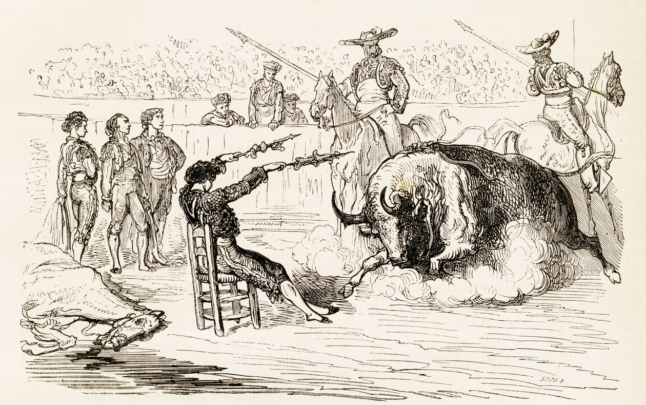 Een Spaanse Banderillero die de Banderillas plaatst terwijl hij in een stoel zit, 1878 door Noel Eugene Sotain