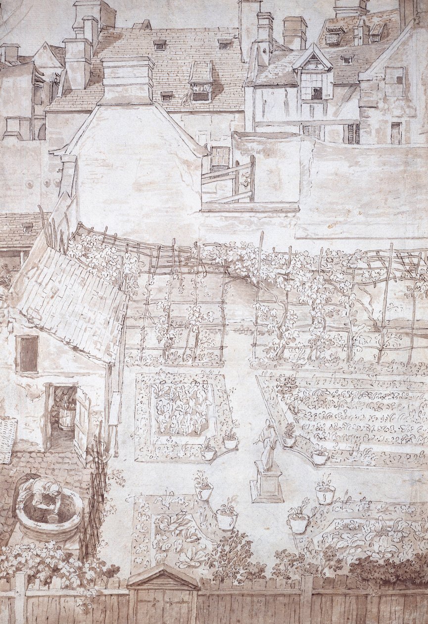 Een tuin van een herenhuis, met perken en wijnpergola, omgeven door gebouwen, ca. 1677 door Noel Gasselin
