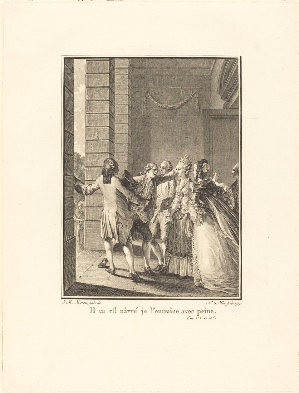 Hij is gekwetst, ik sleep hem met moeite mee door Noël Le Mire after Jean Michel Moreau