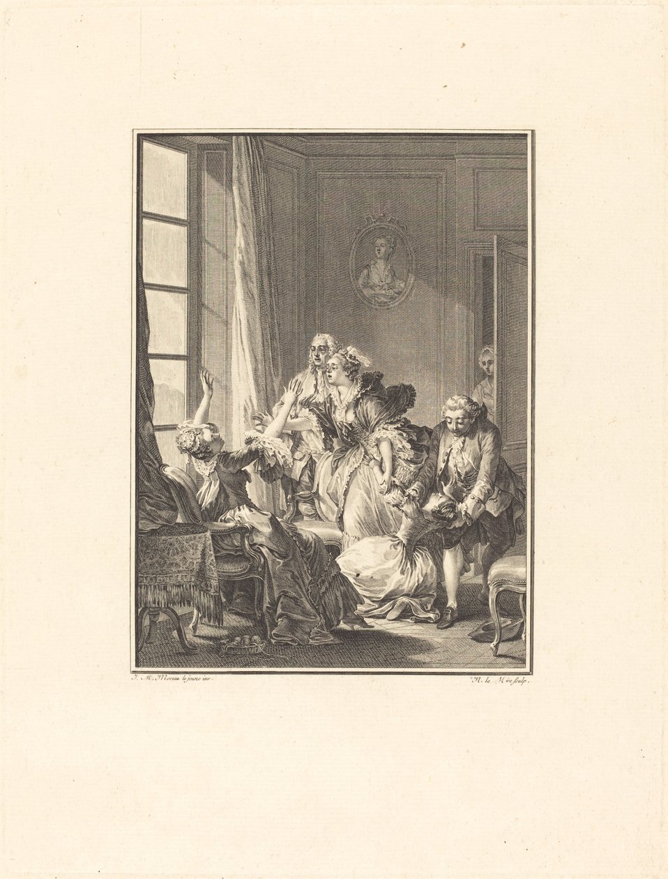 Julie valt flauw in een fauteuil door Noël Le Mire after Jean Michel Moreau