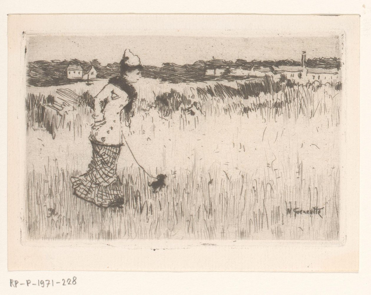 Wandelende dame met hond in een landschap door Norbert Goeneutte