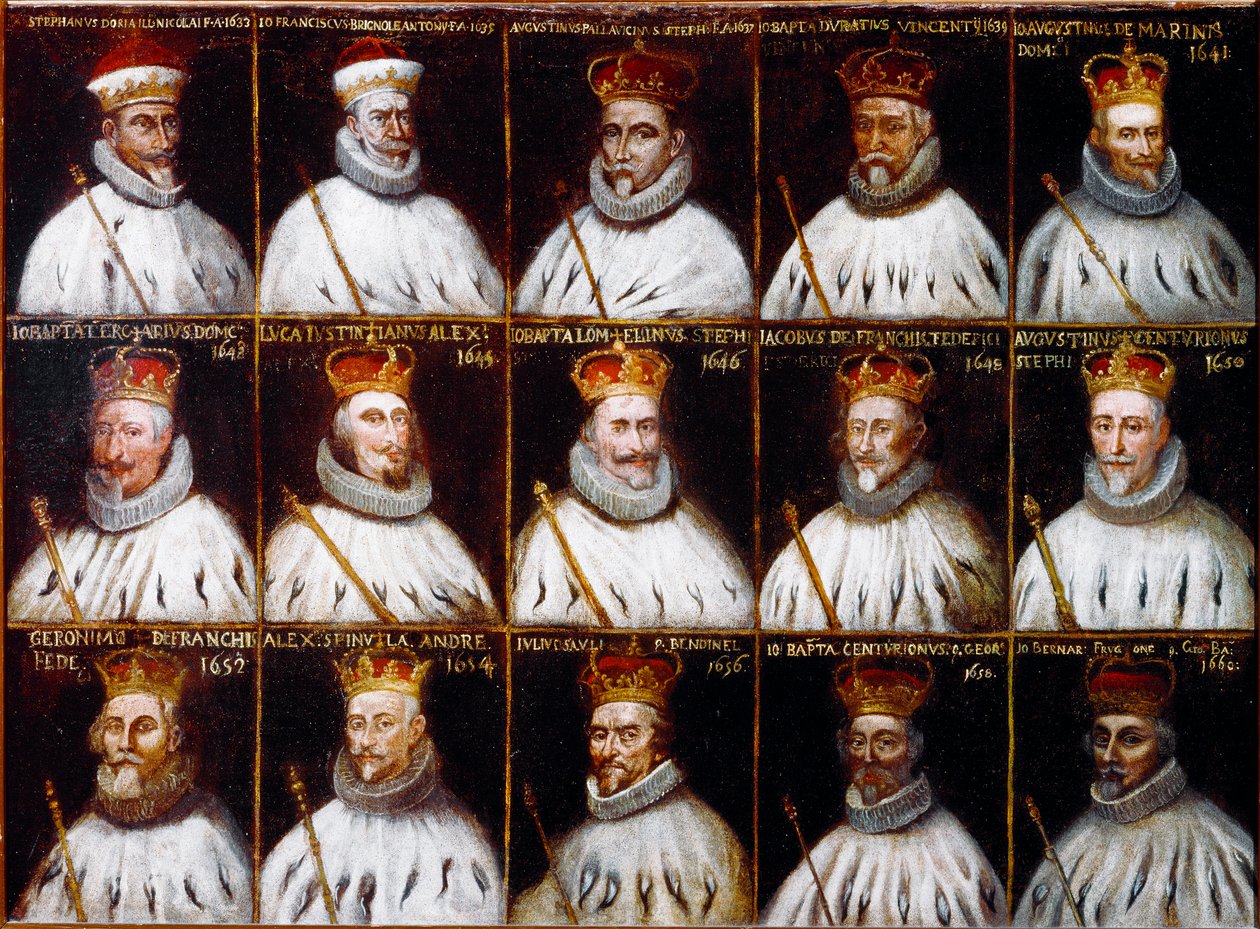 Wapenschild van de Republiek Genua en portretten van de Doges. Giovanni Stefano Doria, Francesco Gio. Brignole Sale, Agostino Pallavicini, Giov.Battista Durazzo, Agostino Giovanni De Marini, Giovan Battista Lercari, Luca Giustiniani, Giovanni Battista L door Northern Italian School