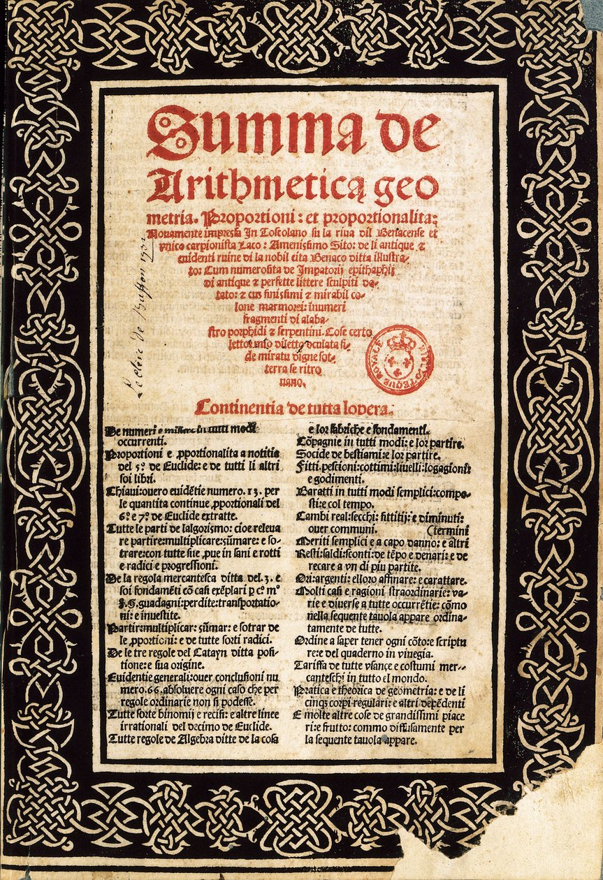 Summa Arithmetica door Luca Pacioli. door Northern Italian School