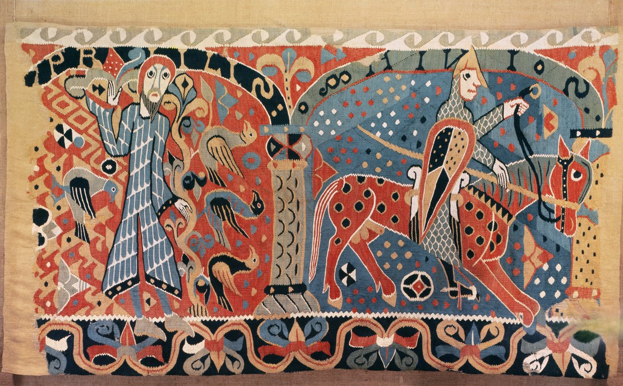 Normandische ridder op een bont paard en een man omringd door vogels (detail) door Norwegian School