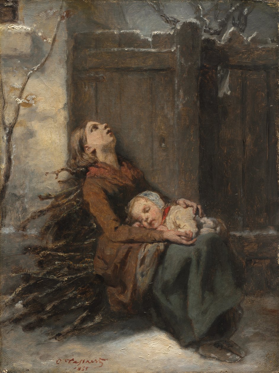 Arme Dode Moeder die haar slapende Kind vasthoudt in de Winter, ca. 1850 door Octave Tassaert