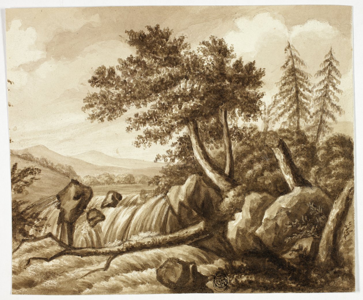 Waterval in rotsachtig landschap door Octavius Oakley