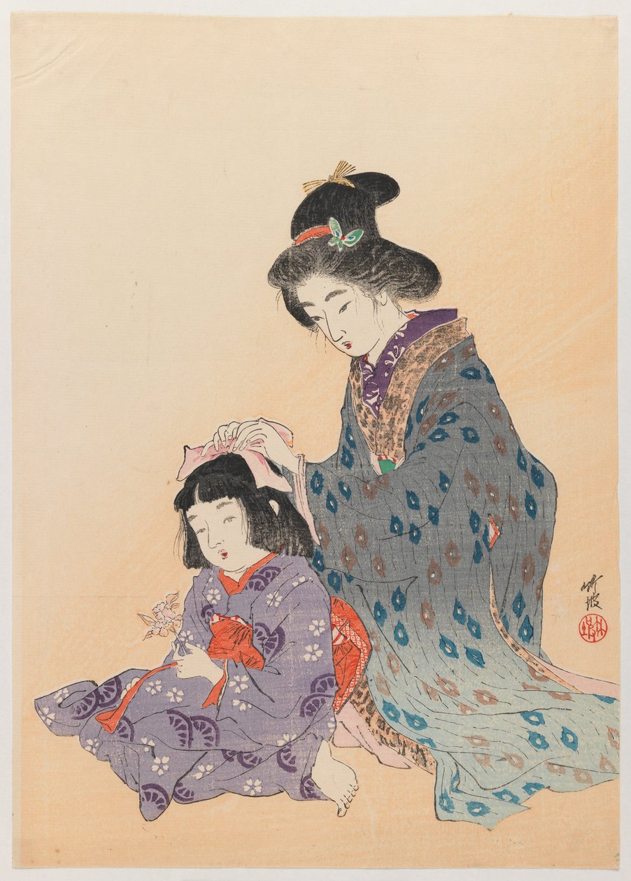 Vrouw die het haar van een meisje doet, 1900 door Odake Chikuha