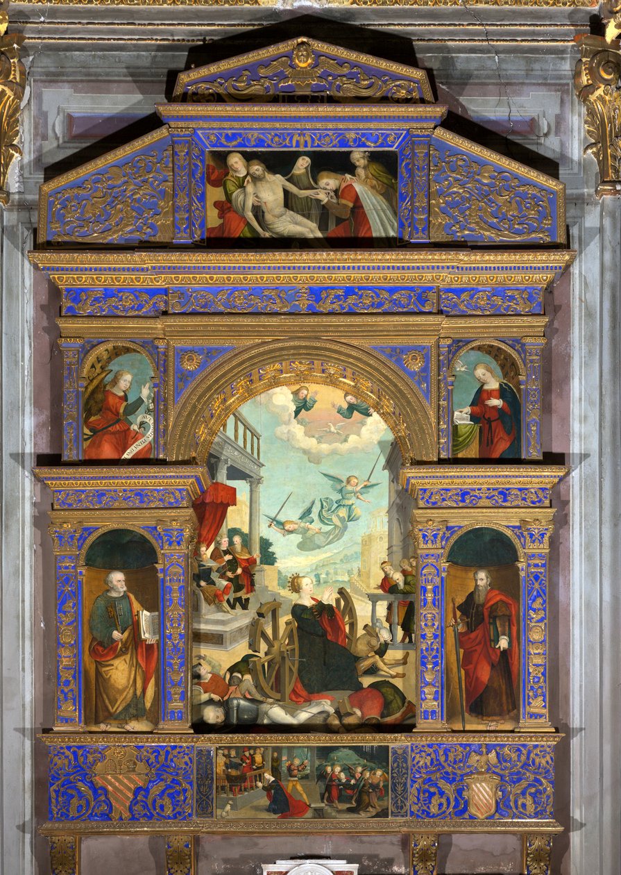 Polyptiek van martelaarschap met het getande wiel van Sint-Catharina van Alexandrië door Oddone Pascale