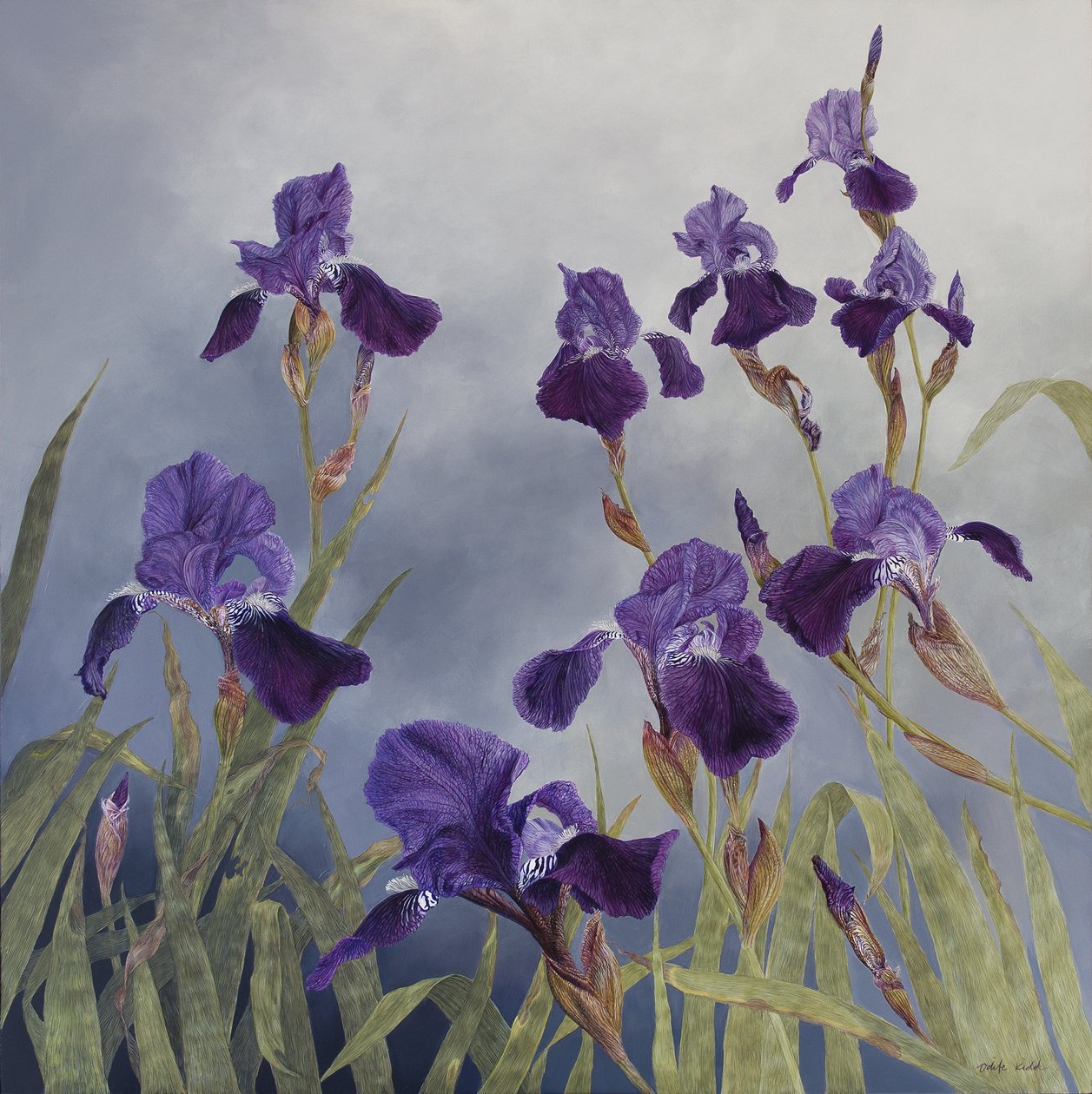 Iris hybrida, 2015 (acryl op gegessuurd hout) door Odile Kidd