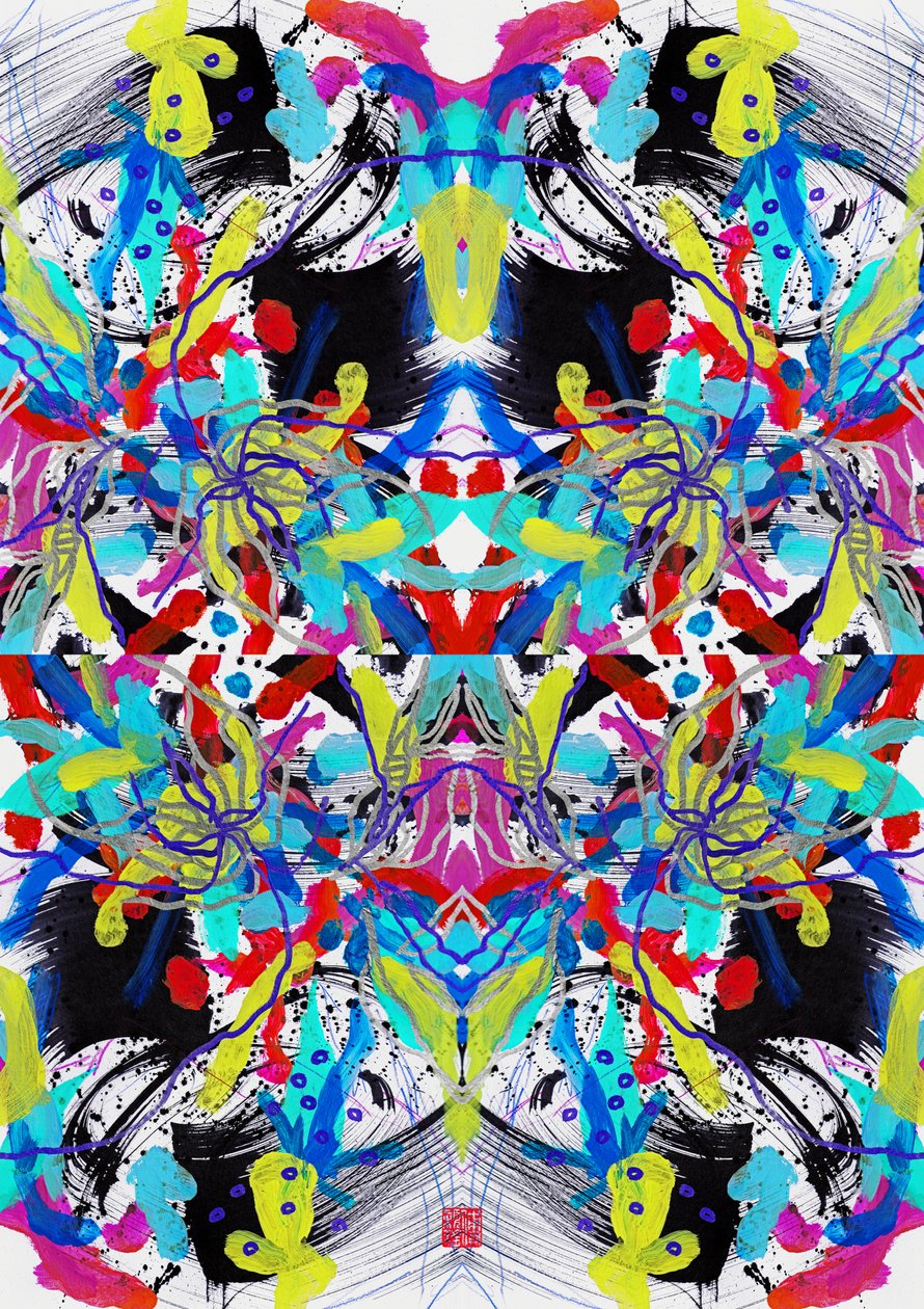 Zen inkt blauw rood geel bloemenpatroon door Odilia W. Y. Fu