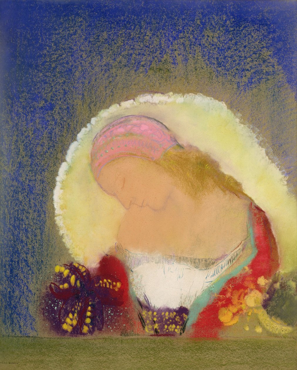 Profiel van een meisje met bloemen, c.1900 door Odilon Redon