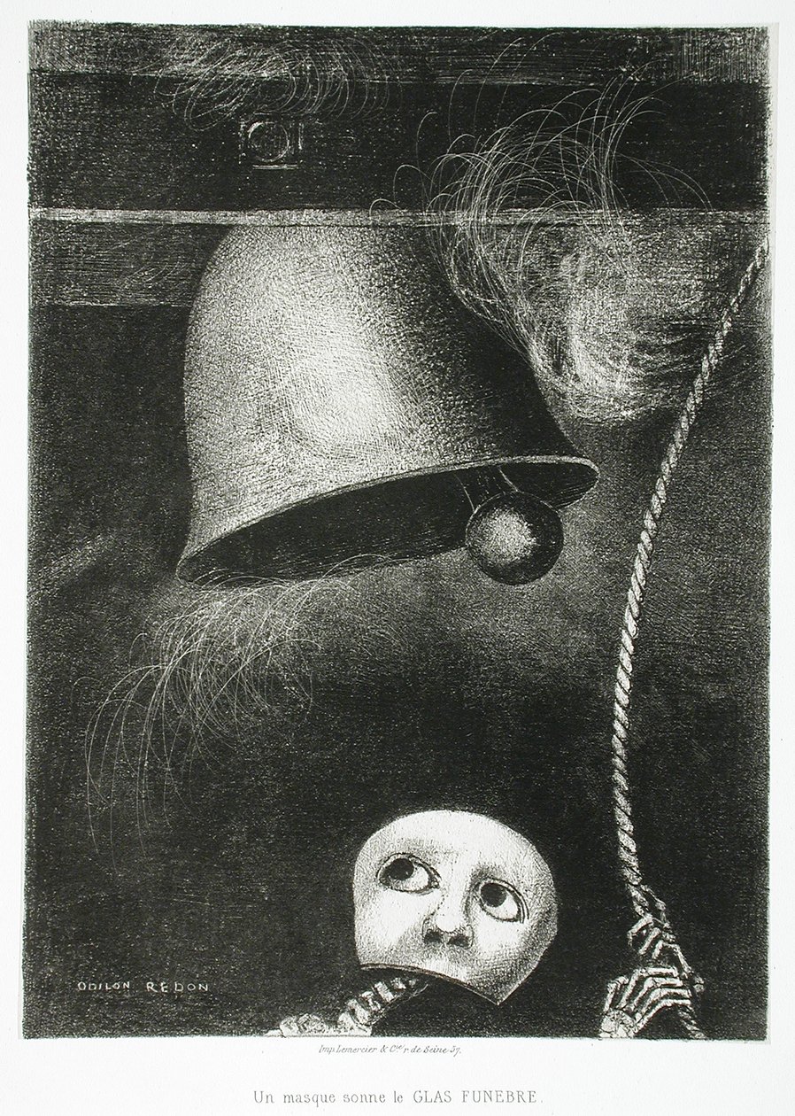 Een masker luidt de doodsklok door Odilon Redon