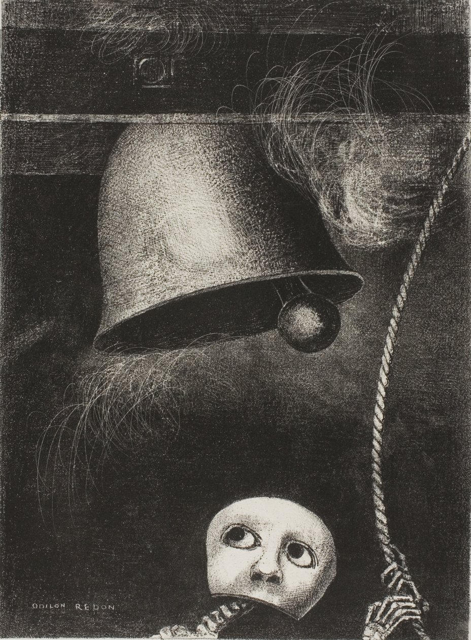 Een masker luidt de doodsklok, plaat drie uit To Edgar Poe door Odilon Redon