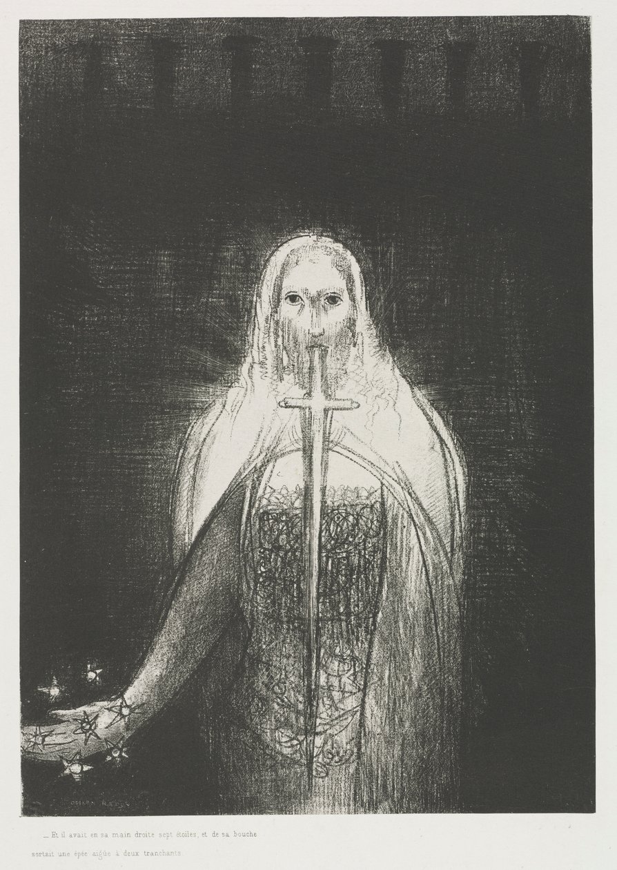 En Hij Had in Zijn Rechterhand Zeven Sterren; en Uit Zijn Mond Ging een Scherp Tweesnijdend Zwaard door Odilon Redon