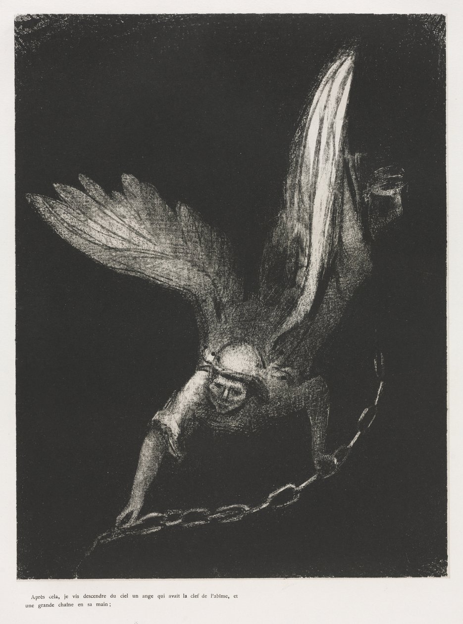 En Ik Zag een Engel uit de Hemel Neerdalen, met de Sleutel van de Bodemloze Put en een Grote Ketting in Zijn Hand door Odilon Redon